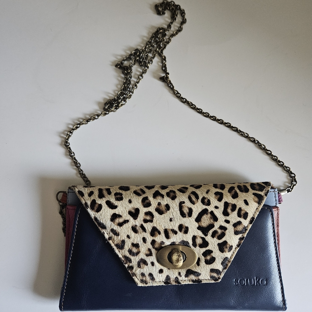 Sleek Black and Brown Clutch with Chain Strap